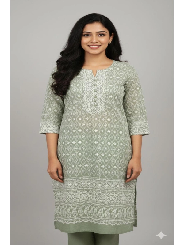 Hover image for Green Floral Motif Kurti with Lace Detailing - TM00611