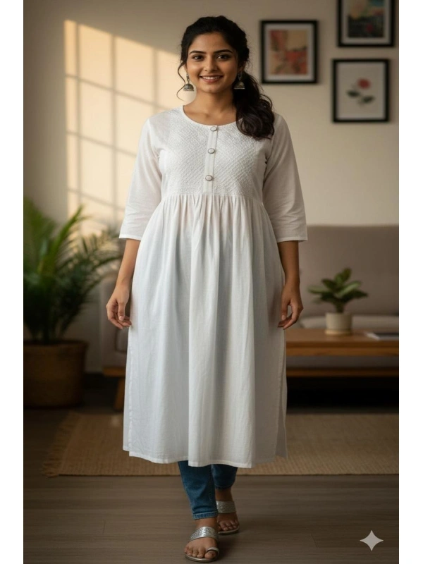  White Embroidered Kurti with Front Buttons Xl 